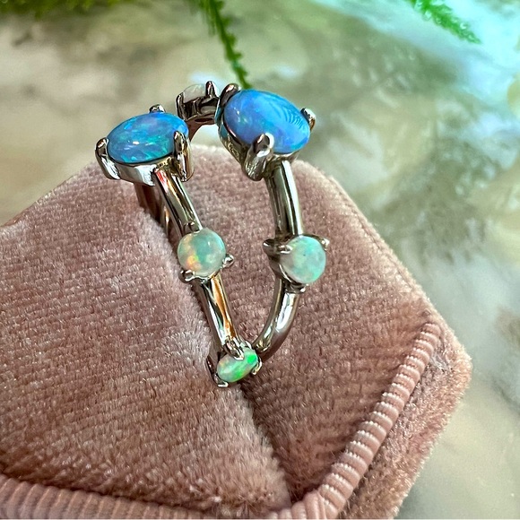 New!Blue and white Opal ring stacking set of 2. Set in solid 925 Sterling Silver - Picture 9 of 17